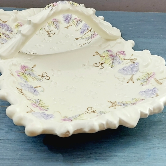 Vintage Ornate Embossed Grapes Divided Tray with Handle Japan - Picture 6 of 9